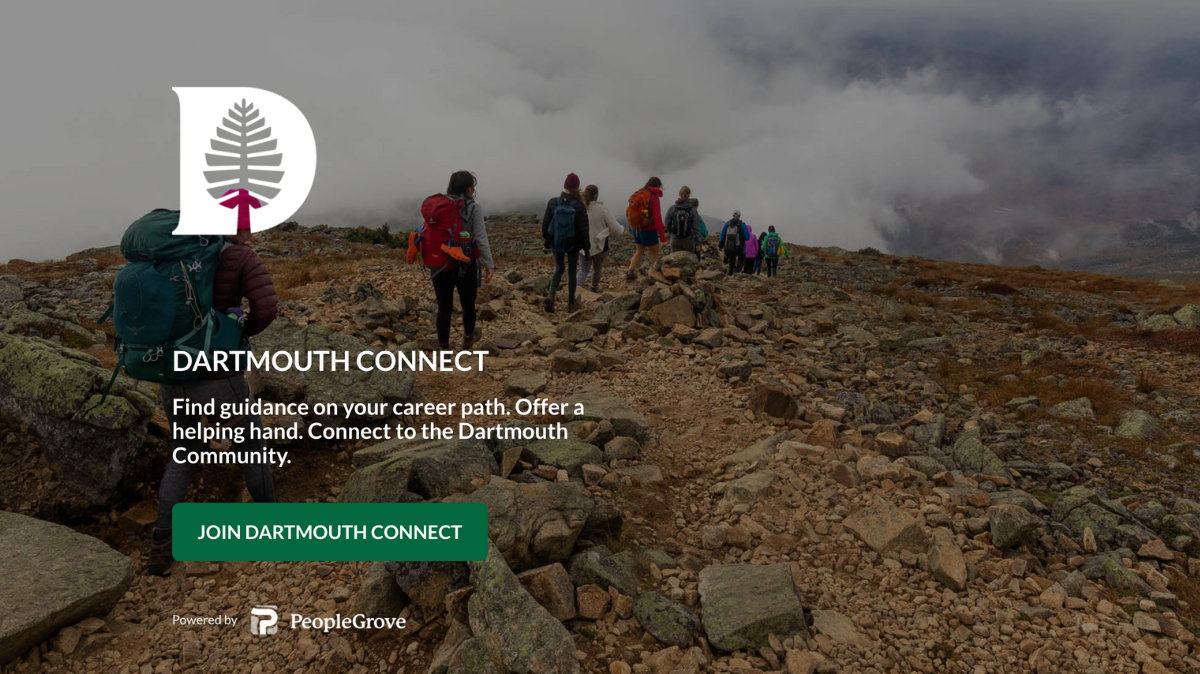 Students hiking with Dartmouth Connect logo and information